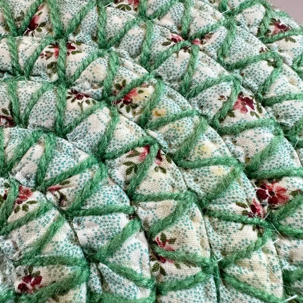 Woven Coiled Fabric Bread Bun Basket Handles Green Floral Rustic Shabby Chic